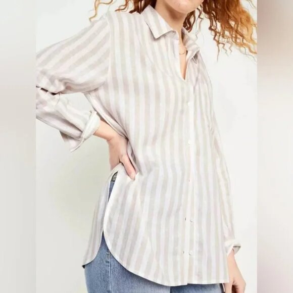 OLD NAVY Women's White & Tan Striped BOYFRIEND LINEN Button Down Shirt M - Picture 3 of 8